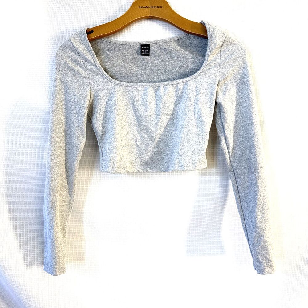 Shein Light Gray Heather Crop Top Long Sleeve - XS 34 - Lagenlook chic